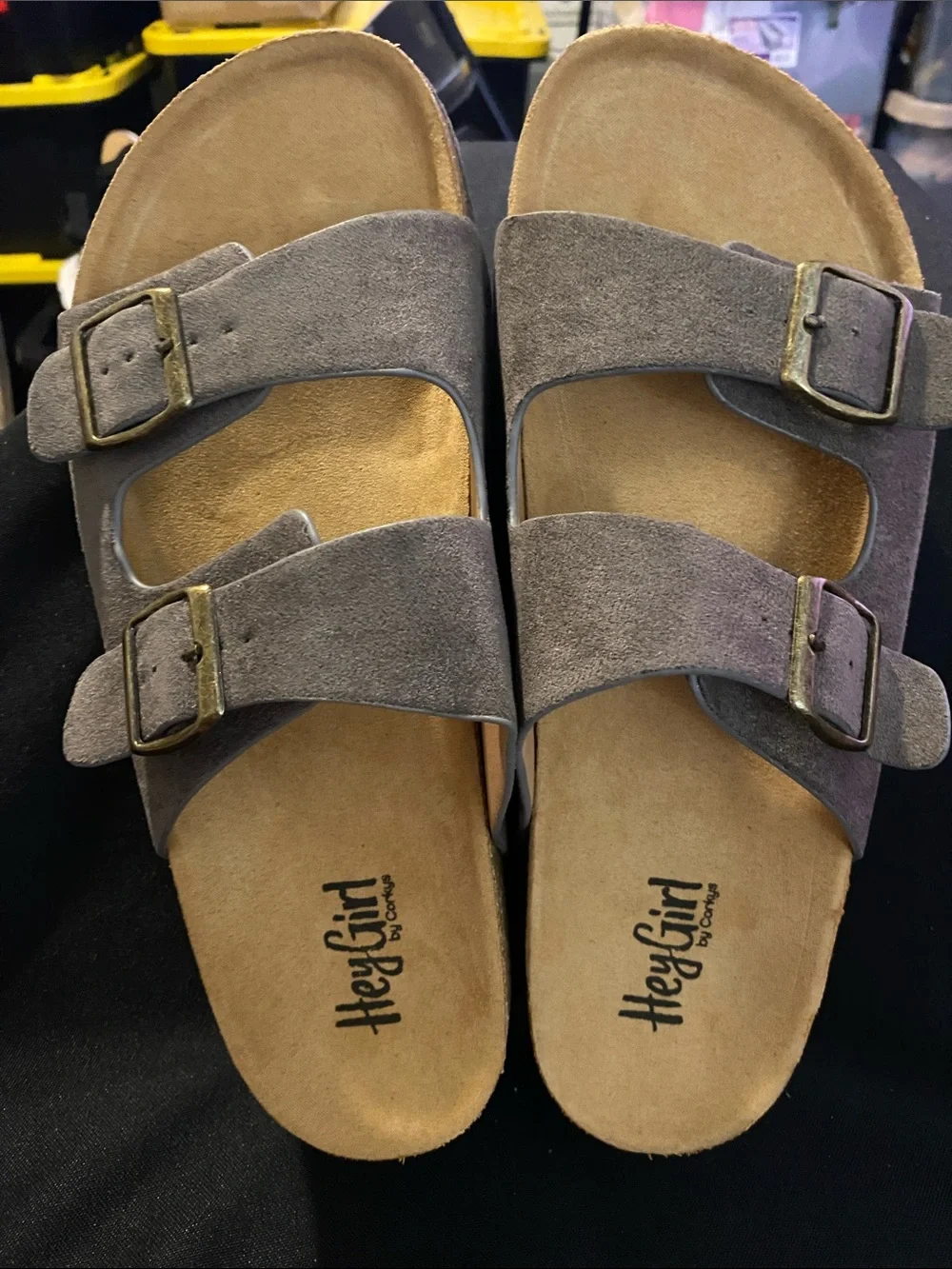 HEY GIRL BY CORKYS WANNABE WO SIZE 11 GRAY FAUX SUEDE SLIP ON WEDGE SANDAL